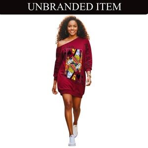 Burgundy Queen Poker Print Off Shoulder Long Sleeve Lounge Dress or Shirt, NIP